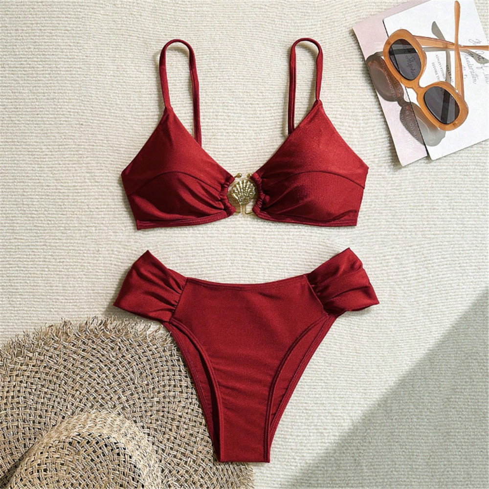 Swimsuit Bikini Ruched - Купальник-бикини с металлическим кольцом, сексуальный, винно-красный,